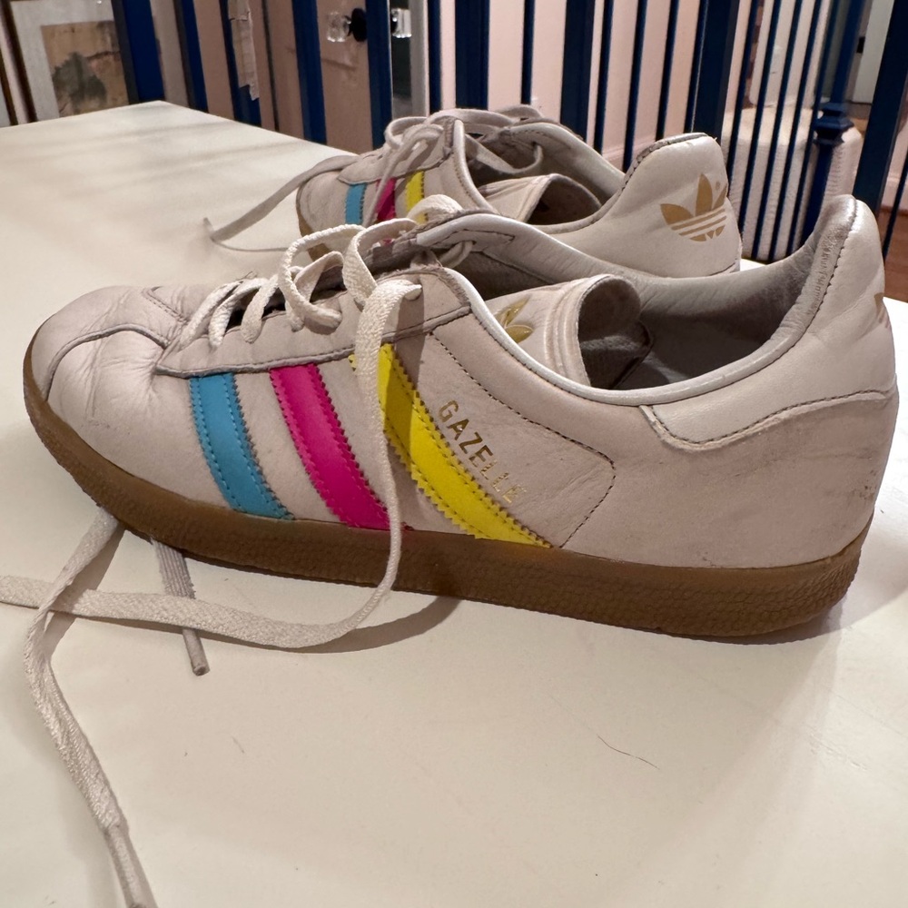 RARE Adidas Gazelle White with Pink, Blue, Yellow Stripes